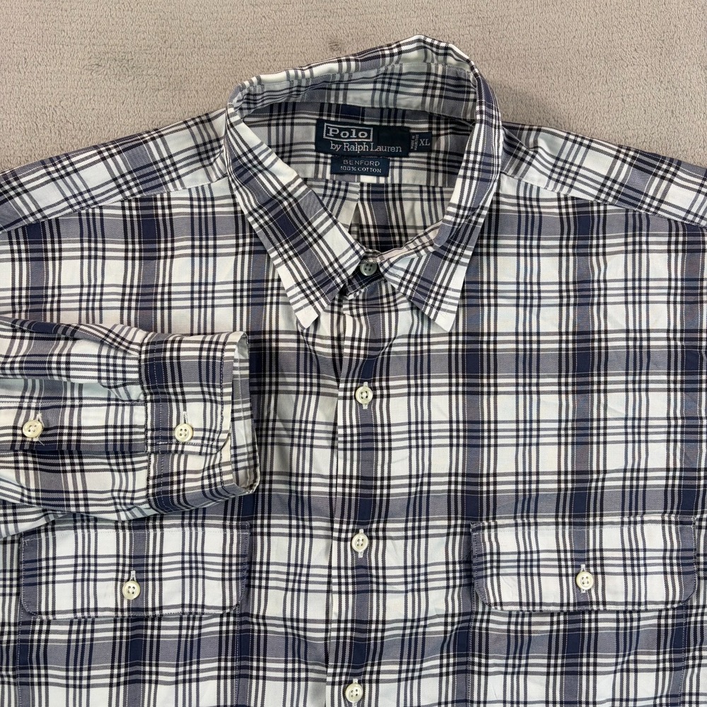 Vintage Polo Ralph Lauren Benford Shirt Men XL Blue White‎ Plaid Flap Pockets